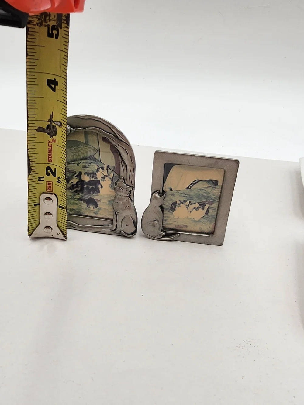 2 Vintage Pewter Silver Cat Mini Picture Frame Pair 2x3
